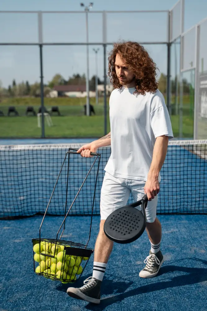 Un joueur de pickleball prépare son équipement pour jouer.