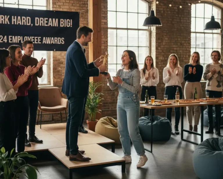 Remise de statuettes aux employés lors d'une réunion d'intégration d'entreprise