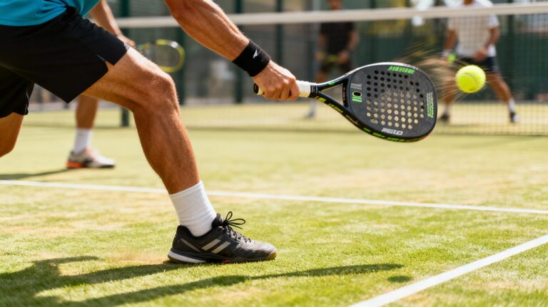 La photo montre un joueur de padel sur un terrain en gazon synthétique, effectuant un coup dynamique au filet. Le bras tenant la raquette est en mouvement, et la balle est sur le point de rebondir. Un adversaire est visible en arrière-plan.