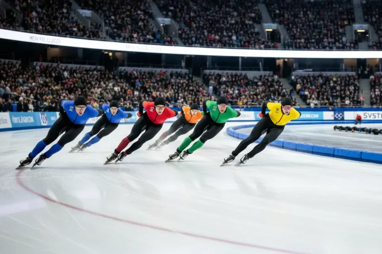 Cinq patineurs de vitesse, en position basse et accroupie, se livrent à une course intense sur la patinoire. Vêtus de combinaisons colorées, ils négocient les virages serrés, les mains près de la glace, sous une foule de spectateurs.