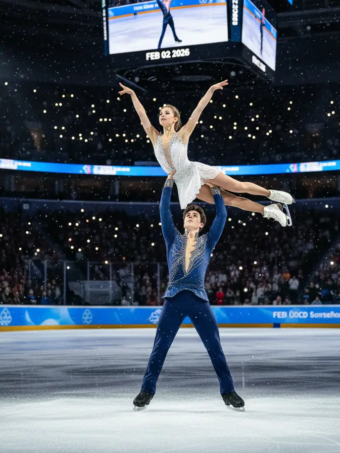 Un couple de patineurs artistiques exécute un porté : un homme en costume bleu marine à paillettes porte sa partenaire, vêtue d’une robe blanche scintillante, au-dessus de sa tête. Épreuve des Jeux olympiques d’hiver, la glace est recouverte de particules de neige.