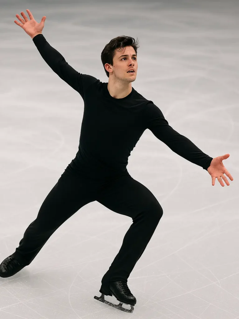 Un jeune patineur artistique, vêtu d'un justaucorps noir moulant, exécute une pirouette dynamique sur la glace. Les bras écartés, la pose intense et le regard concentré, il pose avec assurance. Cette photo a été prise lors d'une compétition de patinage artistique en salle.